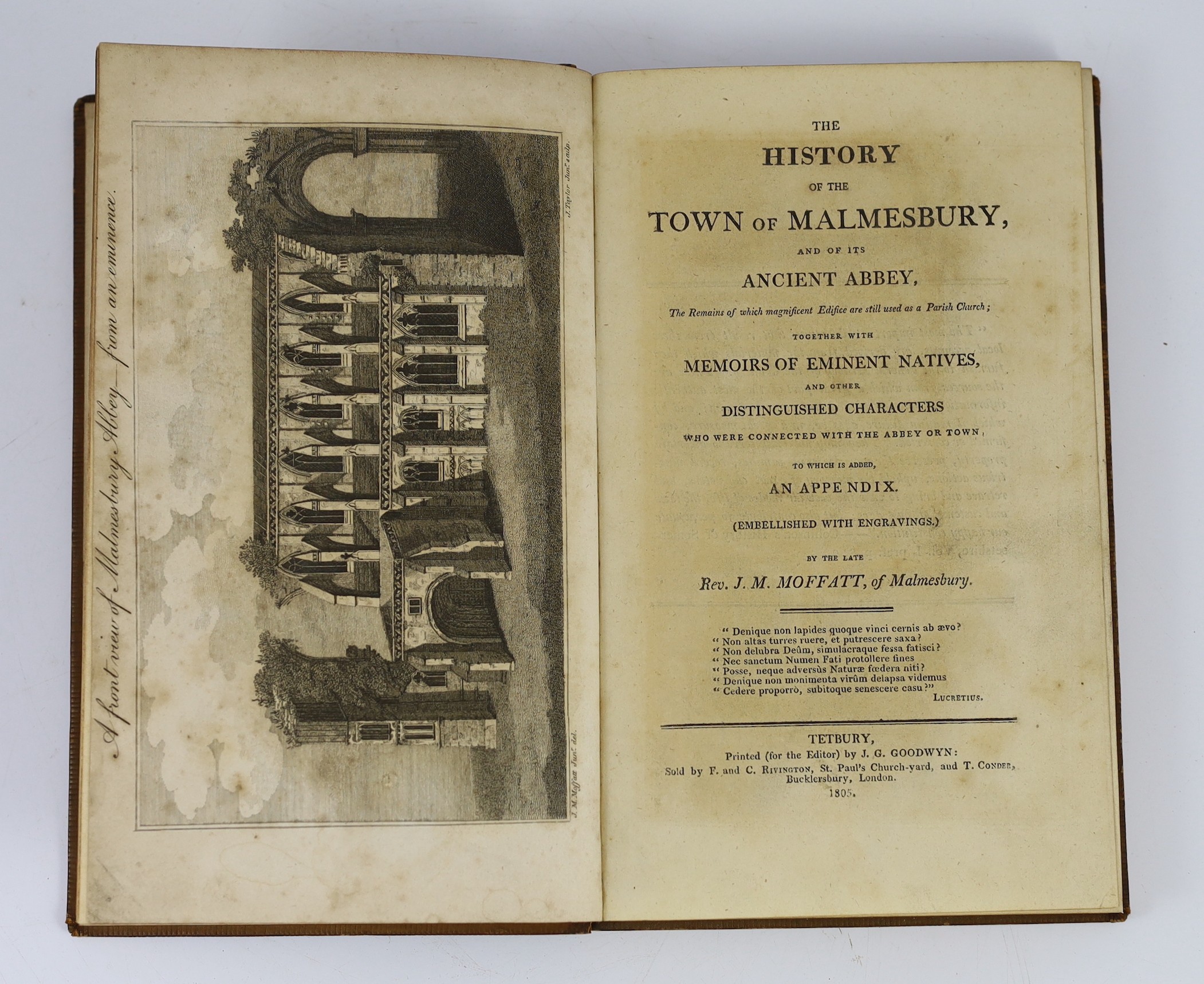 WILTS: Moffat, Rev.J.M. (editor) - The History of the Town of Malmesbury, and of its Ancient Abbey ... 3 plates, a plan and folded table, subscribers list; contemp. gilt calf and panelled spine. Tetbury, 1805: 'An Observ